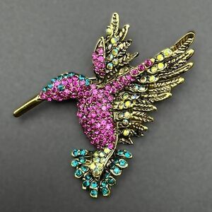 Yellow Gold with Fuchsia and Aquamarine Blue Crystal Hummingbird Pin Back Brooch